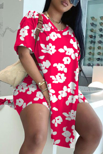 Rose Red Casual Print Slit V Neck Short Sleeve Two Pieces