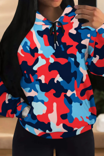 Blue Red Casual Camouflage Print Draw String Pocket Patchwork Hooded Tops