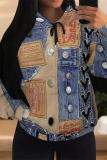 Blue Casual Street Faux Denim Print Draw String Pocket Hooded Tops