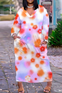 Colour Casual Floral Print Basic V Neck Long Plus Size Dresses