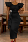 Red Casual Solid Color Patchwork Ruffled Trim Asymmetrical Collar Wrapped Skirt Dresses