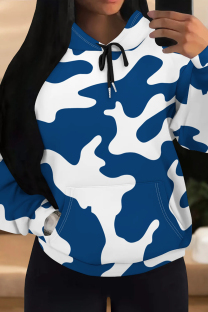 Dark Blue Casual Camouflage Print Draw String Pocket Patchwork Hooded Tops