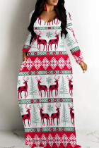 White Casual Print Basic V Neck Long Dresses