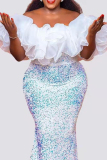 White Elegant Sequins Patchwork Ruffled Trim Off Shoulder Long Dresses