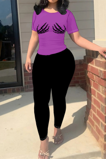 Purple Casual Street Skull Finger Print Contrast O Neck Short Sleeve Two Pieces