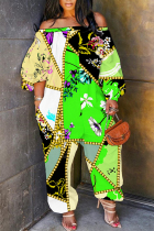 Fluorescent Green Casual Print Backless Off Shoulder Regular Jumpsuits