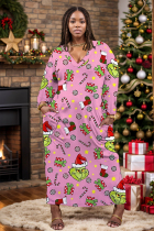 Pink Casual Cartoon Print Pocket V Neck Long Plus Size Dresses