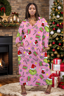 Pink Casual Cartoon Print Pocket V Neck Long Plus Size Dresses