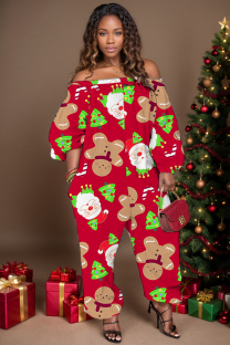Red Khaki Casual Santa Claus Print Backless Off Shoulder Regular Jumpsuits