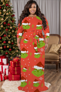 Orange Red Casual Cartoon Print Belted O Neck Long Plus Size Dresses