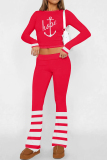 Red-brown Casual Street Letter Print Stripe O Neck Long Sleeve Two Pieces
