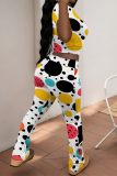 Light Gray Casual Street Camouflage Print Polka Dot Contrast O Neck Short Sleeve Two Pieces