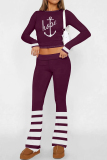 Red-brown Casual Street Letter Print Stripe O Neck Long Sleeve Two Pieces