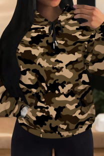 Brown Casual Camouflage Print Draw String Pocket Patchwork Hooded Tops