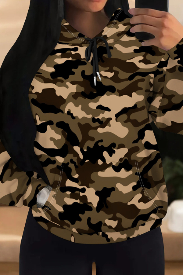 Brown Casual Camouflage Print Draw String Pocket Patchwork Hooded Tops