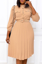 Khaki Elegant Solid Color Buckle Patchwork With Belt O Neck Long Dresses