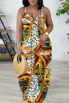 Orange Sexy Casual Print Backless Spaghetti Strap Long Dresses