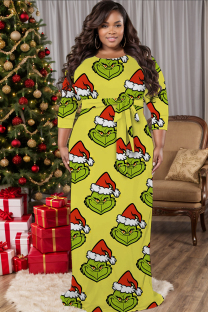 Yellow Casual Cartoon Print Belted O Neck Long Plus Size Dresses