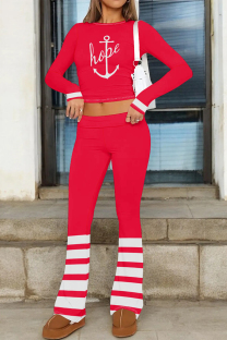 Red Casual Street Letter Print Stripe O Neck Long Sleeve Two Pieces