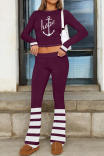 Red-brown Casual Street Letter Print Stripe O Neck Long Sleeve Two Pieces