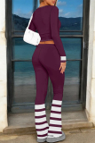 Red-brown Casual Street Letter Print Stripe O Neck Long Sleeve Two Pieces