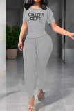 Khaki Casual Street Letter Print O Neck Long Sleeve Two Pieces