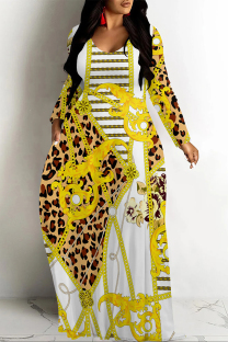 White Gold Casual Street Chain print Leopard Pocket Contrast V Neck Printed Dresses