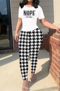 White Casual Street Plaid Letter Print Contrast O Neck Short Sleeve Two Pieces