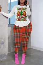 Red Khaki Casual Plaid Letter Print Basic O Neck Long Sleeve Two Pieces