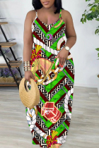 Green Sexy Casual Print Backless Spaghetti Strap Long Dresses