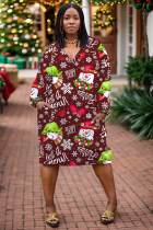 Brown Casual Print Pocket V Neck Long Sleeve Dresses