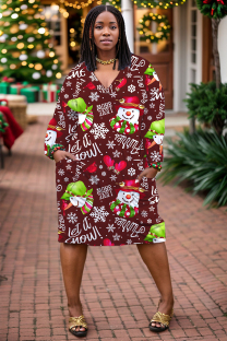 Brown Casual Print Pocket V Neck Long Sleeve Dresses