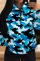 Blue Casual Camouflage Print Draw String Pocket Patchwork Hooded Tops