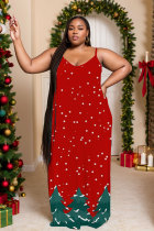 Red Green Sexy Casual Print Backless Spaghetti Strap Long Dresses