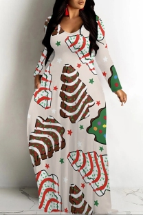 Pink Brown Casual Print Basic V Neck Long Dresses
