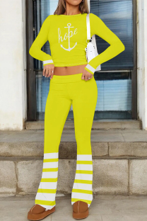 Yellow Casual Street Letter Print Stripe O Neck Long Sleeve Two Pieces