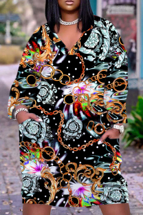 Blue Gray Casual Print Basic V Neck Long Sleeve Plus Size Dresses