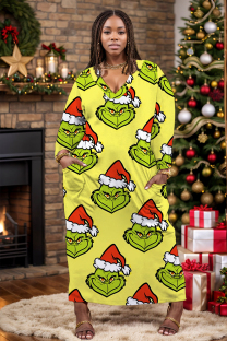 Yellow Casual Cartoon Print Pocket V Neck Long Plus Size Dresses