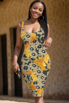 Yellow Casual Print Basic U Neck Vest Dresses