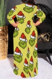 Green Casual Cartoon Print Belted O Neck Long Plus Size Dresses