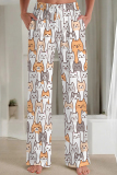 Dark Brown Casual Print Draw String Pocket Patchwork Loose Mid Waist Straight Full Print Bottoms