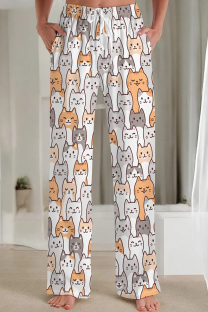 Gray White Casual Print Draw String Pocket Patchwork Loose Mid Waist Straight Full Print Bottoms