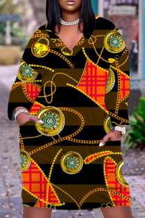 Coffee Casual Print Basic V Neck Long Sleeve Plus Size Dresses
