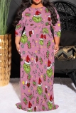 Green Casual Cartoon Print Belted O Neck Long Plus Size Dresses