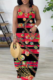 Black Red Sexy Casual Print Backless Spaghetti Strap Long Dresses