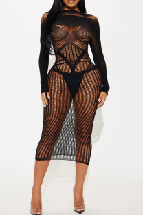 Black Sexy Solid Color Hollow Out Patchwork See-Through Lingerie