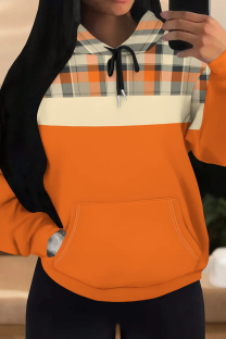 Orange Casual Print Draw String Pocket Patchwork Hooded Tops