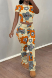 White Blue Casual Flowers Print Contrast O Neck Sleeveless Two Pieces