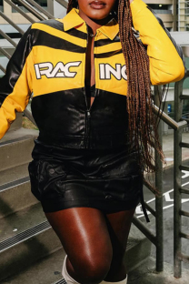 Yellow Casual Letters Patchwork Zipper Contrast Zipper Collar Outerwear
