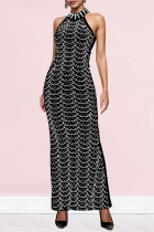 Black Elegant Solid Color Patchwork Hot Drill Zipper O Neck Long Dresses